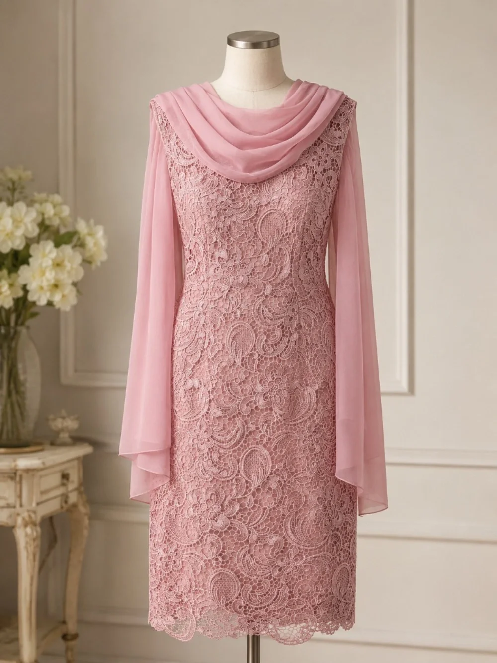 Pink Lace Knee-Length Cocktail Dress with Matching Shawl - Picture 3 of 8